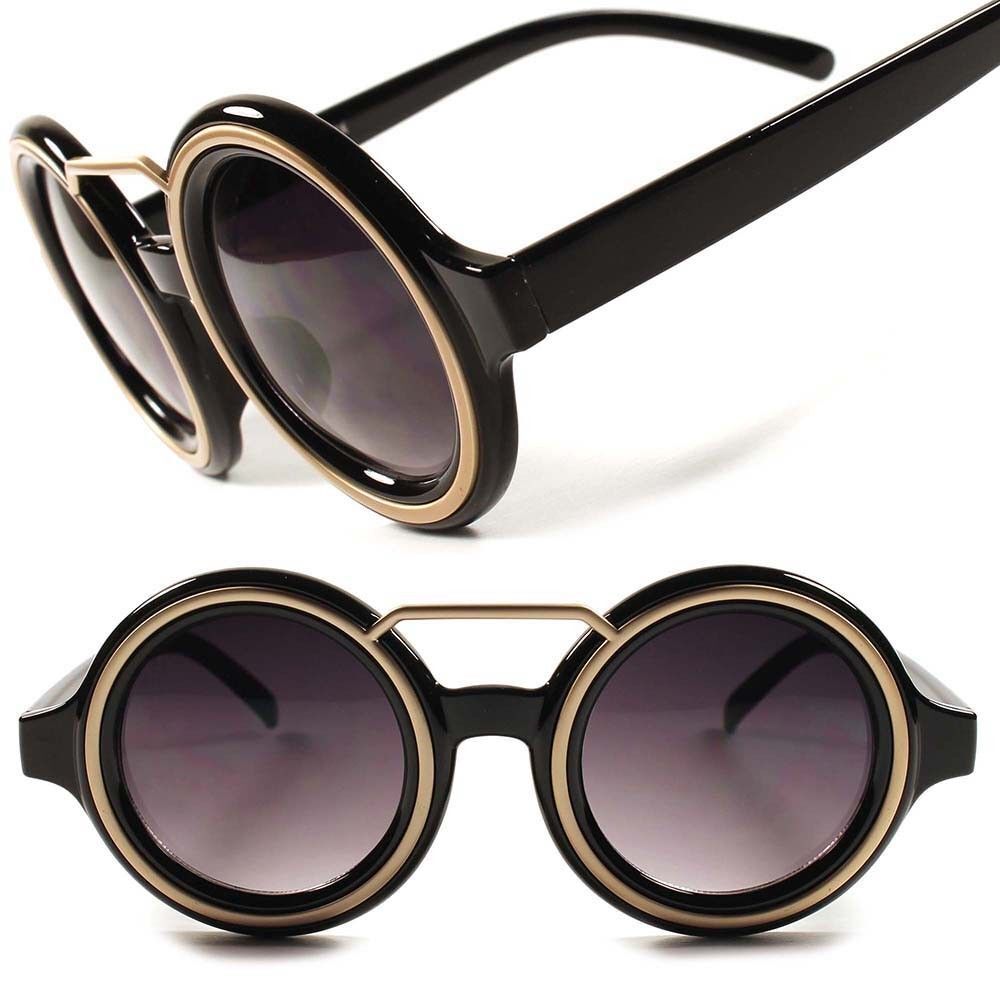 Mens Womens Retro Hippie Aesthetic Black Round Sunglasses With Gold Accent